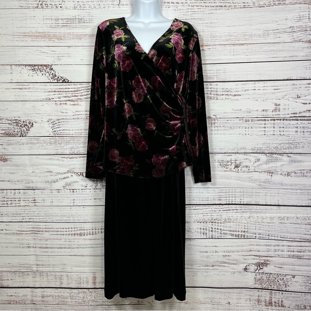 Coldwater Creek Black Floral Velvet Wrap Long Sleeve Midi Dress